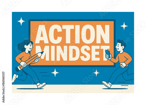 Action-Oriented Banner. Action mindset banner, flat vector illustration, bold oversized text inside rectangular frame, cartoon characters running and pointing