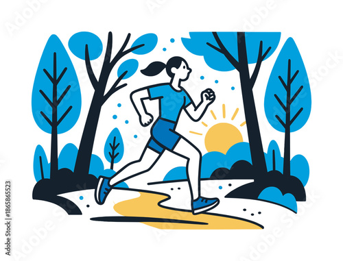 Sunlit Forest Jog. Forest Path Jog. A slim figure runs under a canopy of tall stylized trees, with soft ground shadows and floating pollen dots. A rising sun