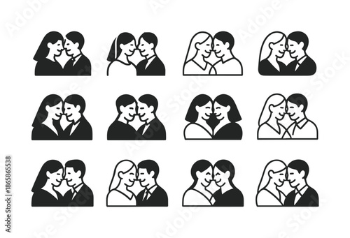 Candid Wedding Logo Set. Candid wedding moments and emotions. Icon set. Set Logo of candid wedding moments and emotions: couple?s shared smile. harmonious logo