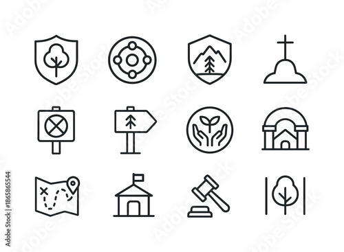 Land Icon Set. Land. Line icon set of Land: protected land sign, heritage site icon, national park badge, sacred ground symbol, restricted access sign,