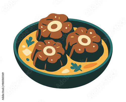 Braised Oxtail Delight. Braised oxtail. Thick oxtail pieces rest in a deep broth, subtle shine highlighting their hearty texture. Floating veggie shapes imply