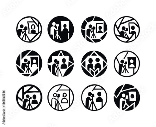Studio Portrait Logo Set. Taking portraits in a studio. Icon set. Set Logo of Taking portraits in a studio: shutter button. harmonious logo variations of the