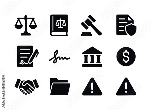 Legal Icon Set. Legal responsibility. Solid icon set of legal responsibility: balance scale, law book, gavel, document, shield, contract, signature,
