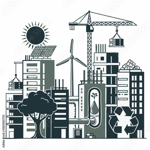 Sustainable city eco friendly construction renewable energy.