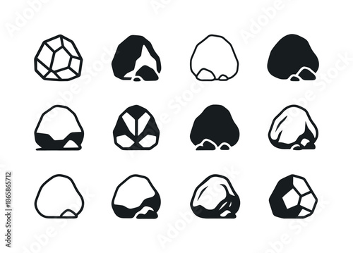 Rock Boulder Logo Variations. Mass. Icon set. Set Logo of mass: rock boulder. harmonious logo variations of the same emblematic concept, each with different