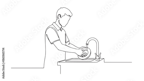 Line Art Illustration of a Person Washing Dishes at a Sink