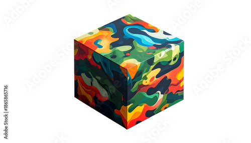 A colorful, patterned cube floats against a stark black background
