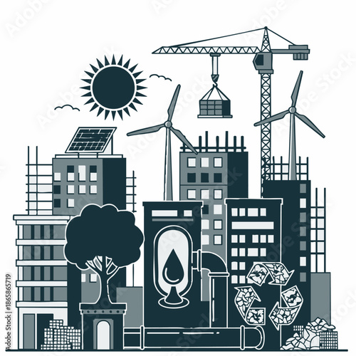 Sustainable City with Renewable Energy and Eco Friendly Buildings.