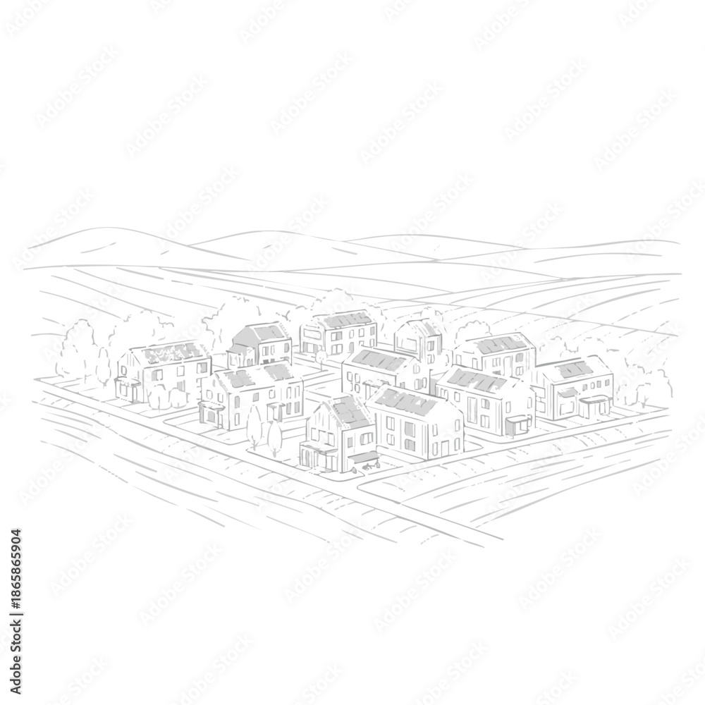 Fototapeta premium Sketch of small town in rural landscape village panorama.