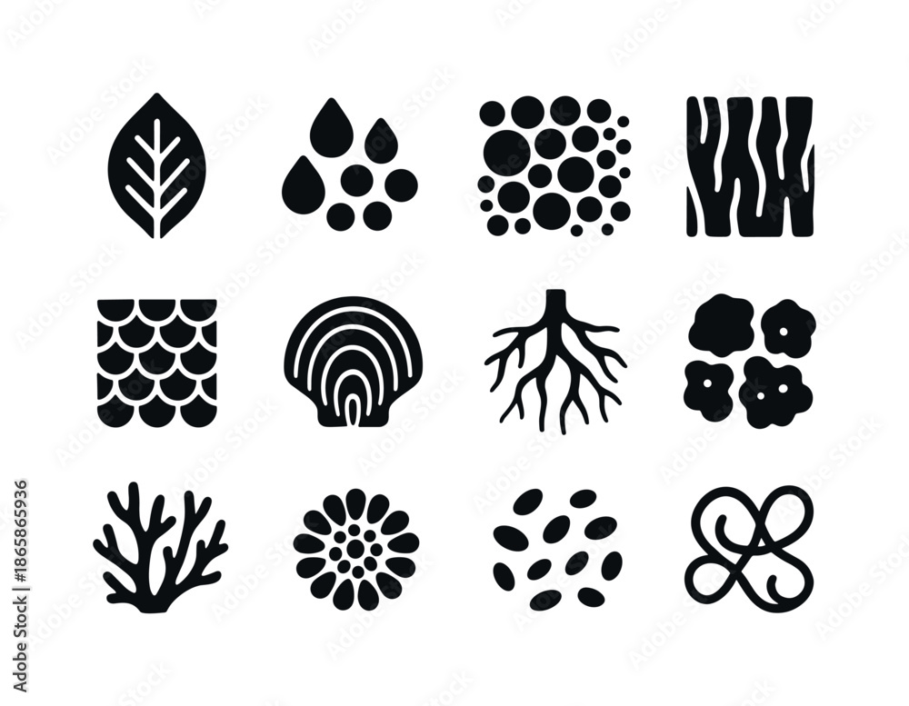 Fototapeta premium Organic Pattern Icons. Organic patterns. Solid icon set of organic patterns: leaf print, water drop cluster, bubble pattern, bark texture, scale pattern, shell