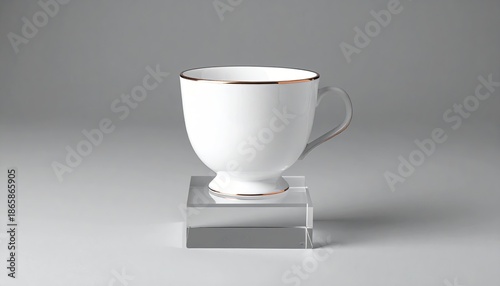 White cup with gold trim on a clear, square block