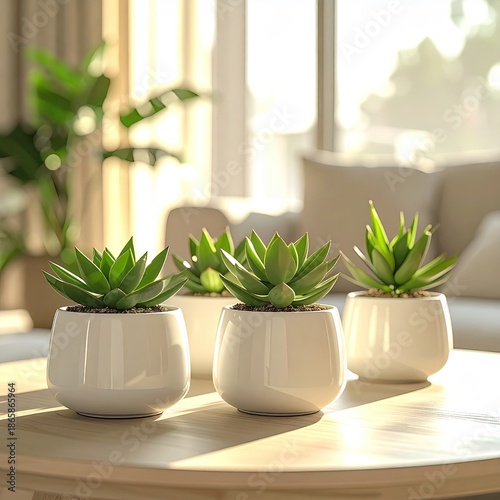 Four succulents in white pots on a wooden table