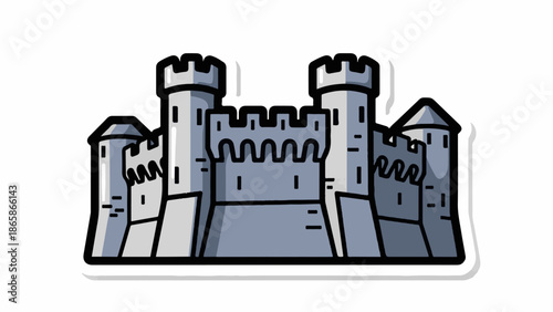 A simple cartoon drawing of a grey castle with towers and battlements