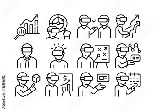 VR Business Icons. VR business development. Line icon set of VR business development: virtual market analysis, opportunity radar, deal tracker, business growth