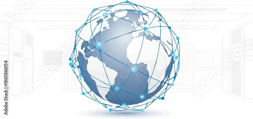A digital Earth is encircled by a web of luminous nodes, set against a minimalist data center backdrop