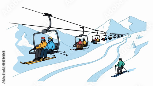 People ride a chairlift up a snowy mountain next to ski slopes