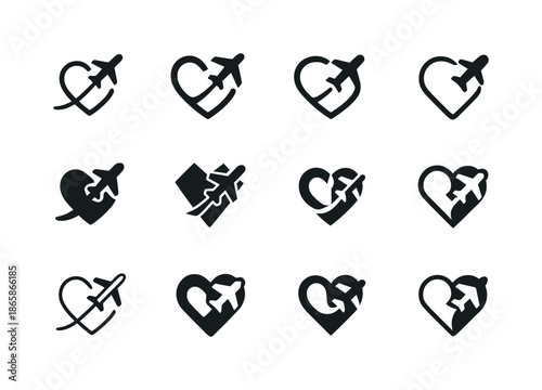 Vacation Engagement Icons. Engagement on vacation. Icon set. Set Logo of engagement on vacation: airplane with heart trail. harmonious logo variations of the