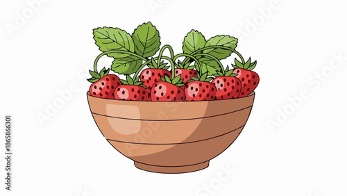 A wooden bowl overflows with ripe red strawberries and vibrant green leaves