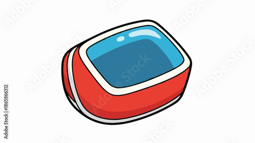 A red, white, and blue futuristic, rounded cube with a glossy screen