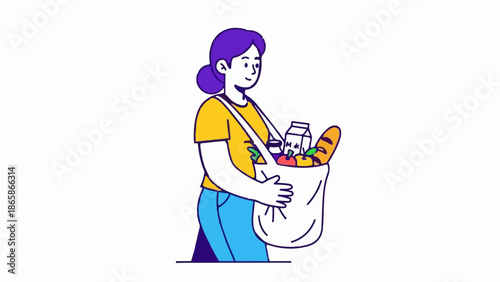 Woman carries reusable bag brimming with groceries including bread, milk, and produce