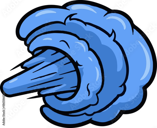 A stylized blue cloud shape, appearing to expel a stream of vapor or mist