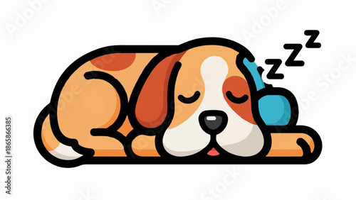 A cute cartoon dog sleeps peacefully with headphones on, dreaming