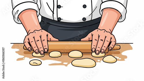 Hands in chef attire using a rolling pin to flatten dough on a wooden surface