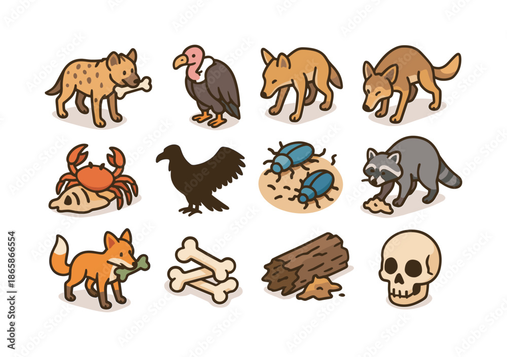 Obraz premium Vibrant Scavenger Icons. Scavengers. Colorful isometric vector icons set of Scavengers: hyena with bone, vulture icon, jackal sniffing, coyote scavenging, crab