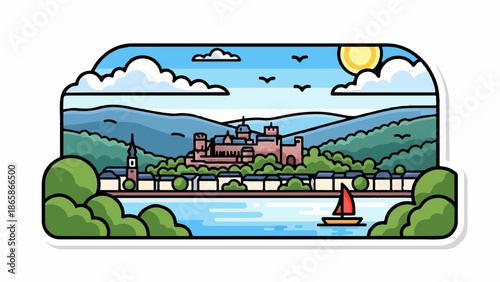 A picturesque castle sits atop a hill overlooking a town and a calm river under a bright sunny sky
