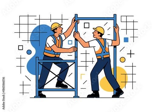 Modern Construction Setup. Setting up scaffolding. Two workers in safety gear align modular frames as abstract grid lines float around them. Modern flat-line