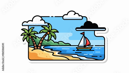 Stylized beach scene with palm trees, sailboat, and clouds