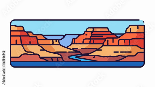 Stylized canyon with layered red-orange cliffs and a winding blue river below a clear sky