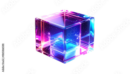 Glowing multi-layered translucent cube with vibrant, galaxy-inspired colors