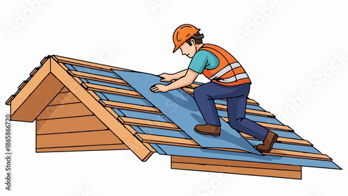 Worker installing roofing material on a wooden house structure