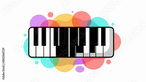 A musical keyboard with colorful, overlapping circles behind it