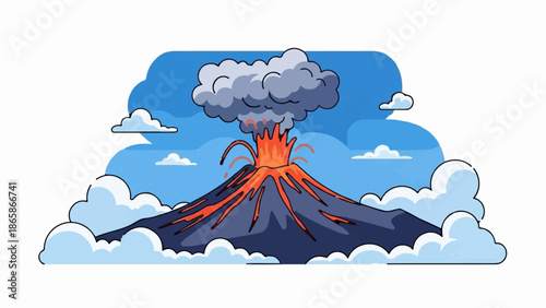 A cartoon volcano erupts with lava and ash against a blue sky with clouds