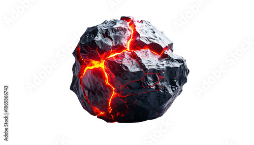 Glowing lava fissures within a dark, jagged asteroid, isolated