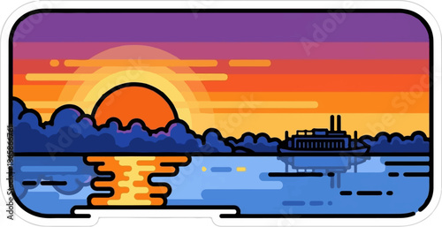 A stylized sunset over a calm body of water with a distant boat and land silhouette