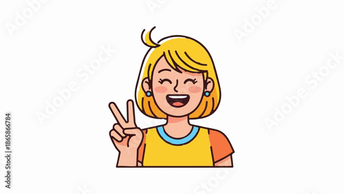Cheerful young person with blonde hair making a peace sign gesture, isolated on white