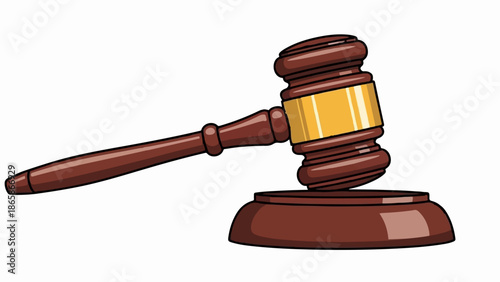 A stylized illustration of a wooden gavel with a golden band sits on its base