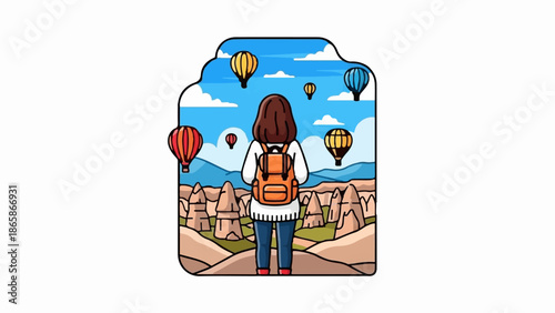 A person with a backpack observes hot air balloons over a unique rocky landscape