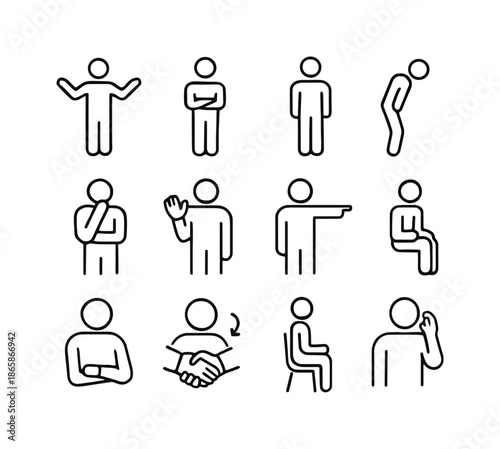 Body Language Icons. Body language. Line icon set of Body language: open arms, crossed arms, standing posture, leaning forward, thinking pose, waving hand,