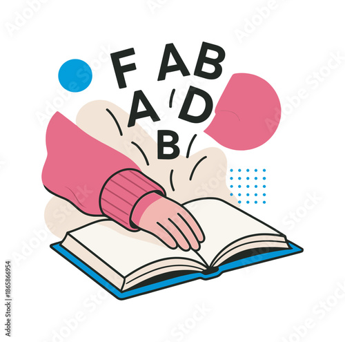 Floating Letters Scene. Sleeve and book. A folded sweater sleeve rests on an open book, fingers barely visible as floating letters drift upward. Modern