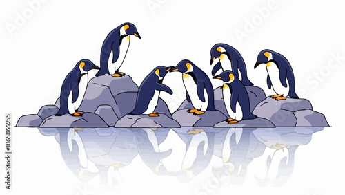 A group of penguins stands on rocky shores with their reflections in the water below