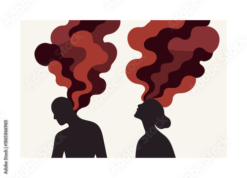 Colorful Emotional Silhouettes. Abstract emotions. Fluid shapes drifting upward; silhouettes blending into expressive color clouds. Gentle pulses showing inner