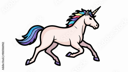 A cartoon unicorn with a spiraled horn, trotting with colorful mane and tail