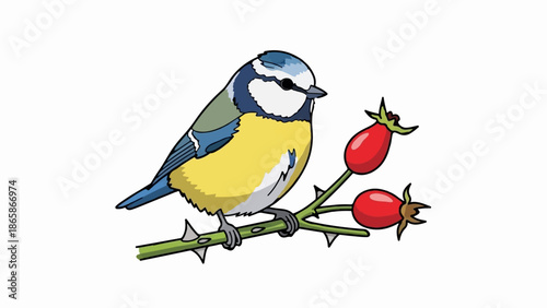 A small bird with yellow and blue plumage perches on a thorny branch with red berries