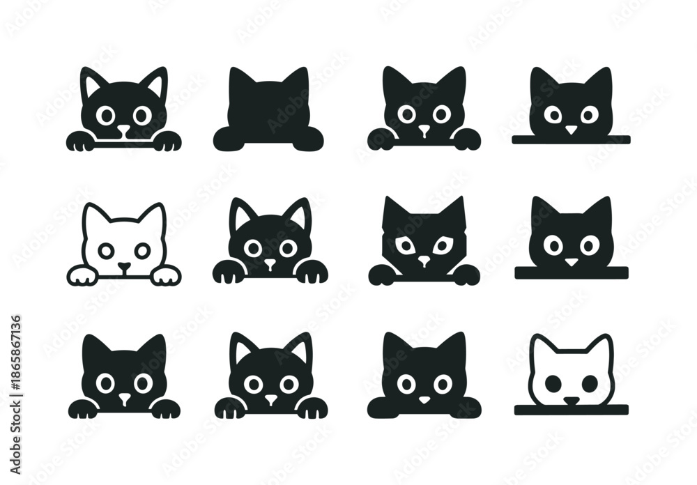 Obraz premium Curiosity Cat Logos. Curiosity. Icon set. Set Logo of Curiosity: cat peeking over a ledge. harmonious logo variations of the same emblematic concept, each with