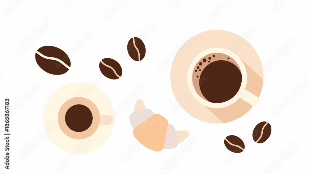 Obraz premium Two cups of coffee, a croissant, and coffee beans arranged on a white background