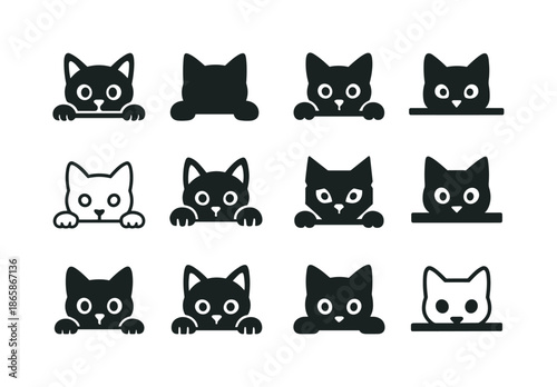 Curiosity Cat Logos. Curiosity. Icon set. Set Logo of Curiosity: cat peeking over a ledge. harmonious logo variations of the same emblematic concept, each with